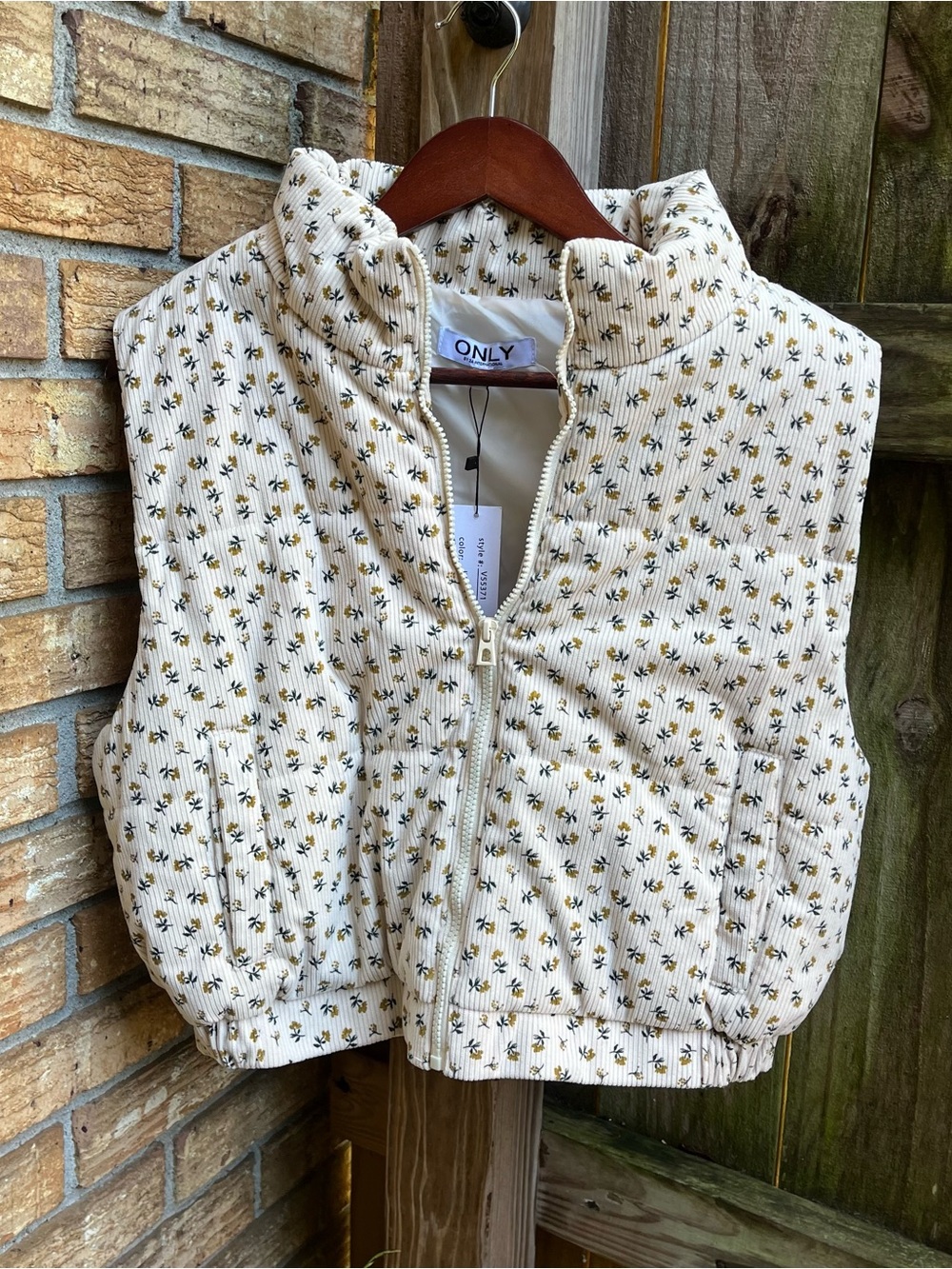 ONLY Cream Quilted Puffer Vest with Yellow Floral Print